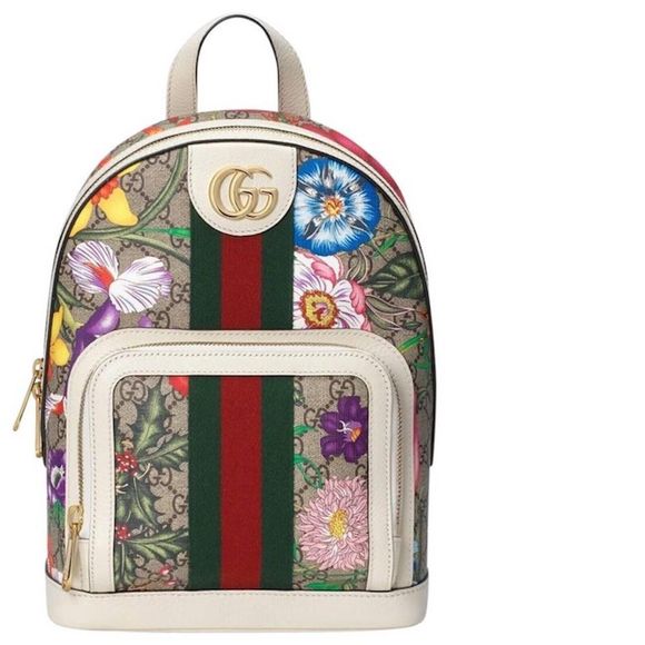 Gucci Ophidia Flora Beige White Leather Canvas Backpack Shoulder Bag Italy NEW - Picture 1 of 16